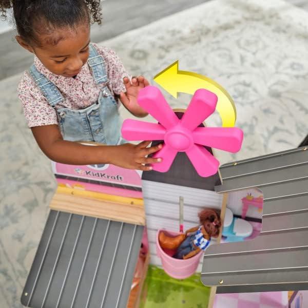Windmill Elevator 2-in-1 Wooden Barn & Dollhouse with Horse and Lights & Sounds, Over 3 Feet Tall, Pink