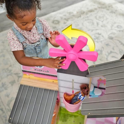 Windmill Elevator 2-in-1 Wooden Barn & Dollhouse with Horse and Lights & Sounds, Over 3 Feet Tall, Pink