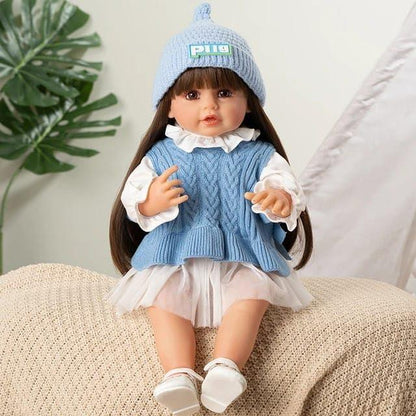 Lifelike Reborn Baby Girl Doll – Toddler with Realistic Sound & Brown Hair And  Light Blue With White outfit