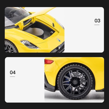 JOY JUNCTION Maserati MC20 1:32 Scale Alloy Metal Pullback Die-Cast Car – Yellow with Lights, Music & Openable Doors - Jaiman Toys