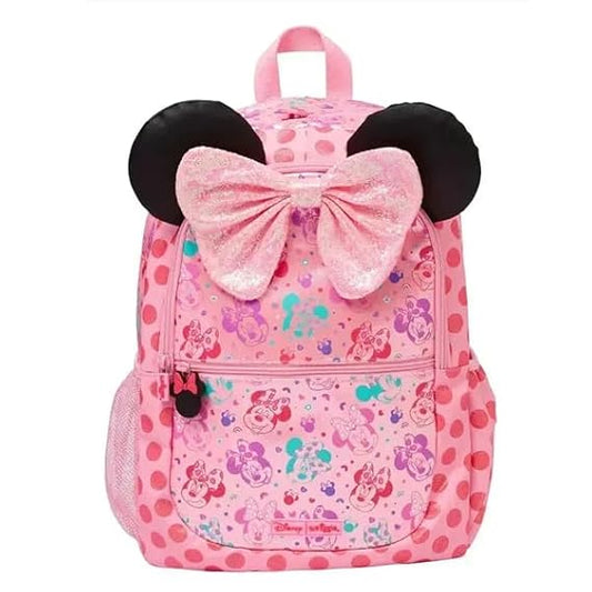 Disney x Smiggle Minnie Mouse Kids School Backpack – Pink Polka Dot Bag with Fabric Ears & Glitter Bow