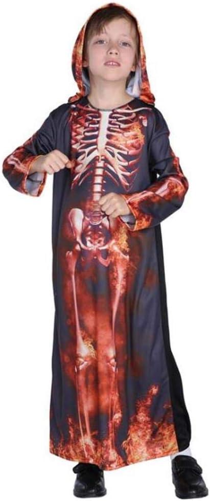 Kids’ Red Skeleton Hooded Robe Halloween Costume – Flame Skull Cosplay Outfit