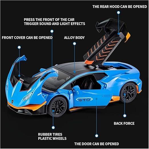 1:24 Scale Lamborghini Huracán STO. Die-Cast Metal Sports Car – Pull Back Model with Openable Doors, Sound & Light | Zinc Alloy Collectible Car