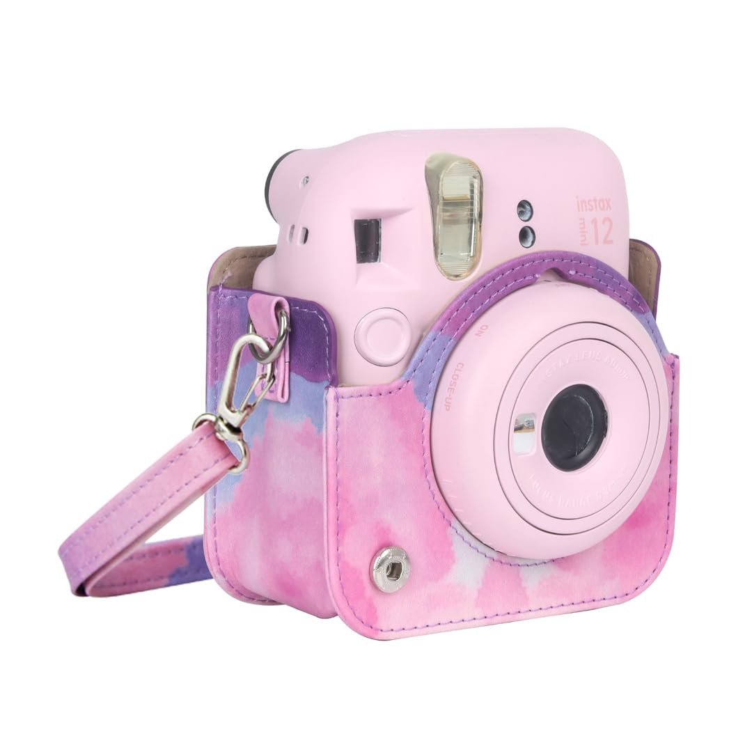 PU Leather Instant Camera Case For Fujifilms Instax Mini 12! Rain Proof &amp; Protective Case with Adjustable Shoulder Strap - PU Leather Soft Cover, Blossom Pink