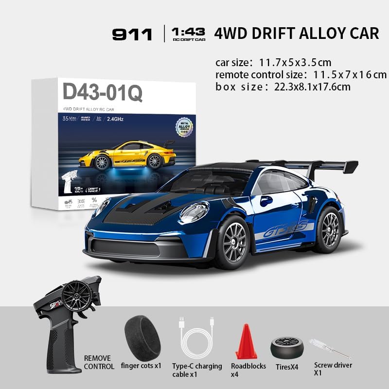 Hstar 1:43 RC Drift Car  2.4GHz 4WD Alloy 20 km/h High-Speed RC Racing Car with Gyro – (Blue)