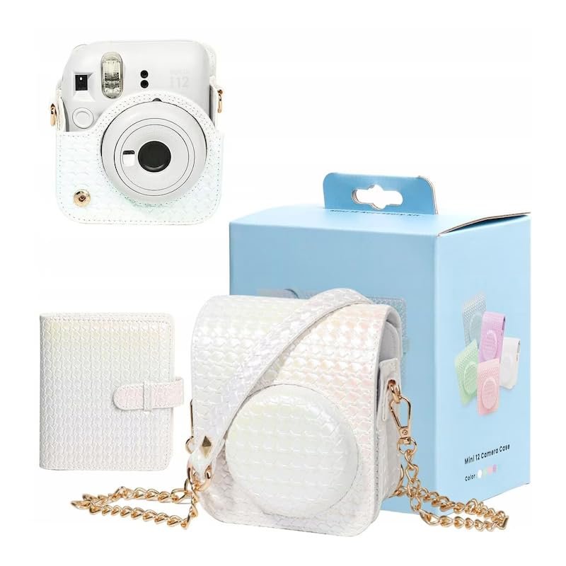 Iridescent PU Leather Case & Photo Album Set for Fujifilm Instax Mini 12 – Includes Carrying Case & 64 Sheets Photo Album (Clay White)