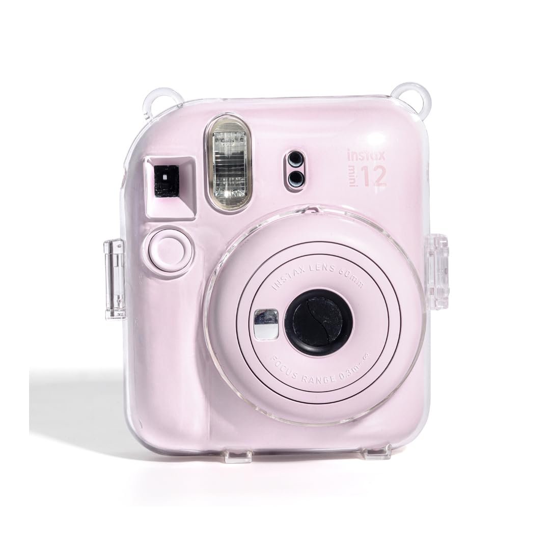 Accessories Bundle - Camera Case for  Fujifilm Instax Mini 12 (Crystel Clear) + Adjustable Rainbow Strap and Photo Pocket in Back + Case Decorative Stickers - Blossom Pink