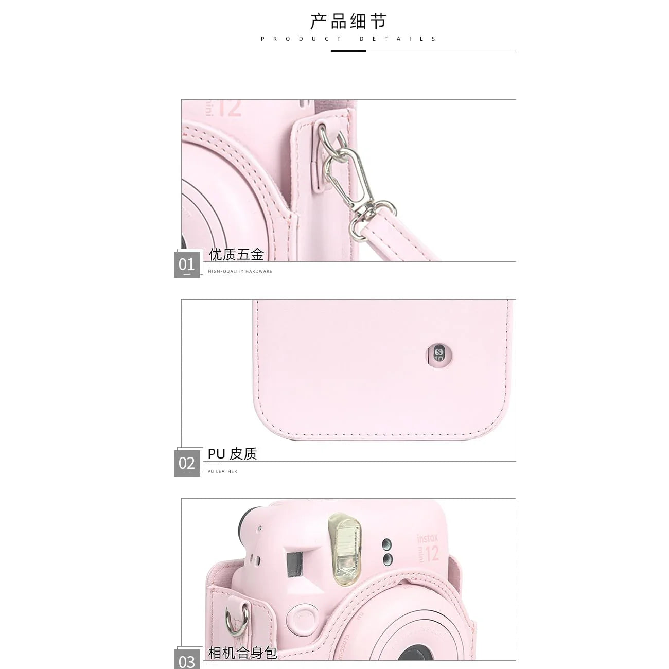 Chic Charm – White Bowknot PU Leather Camera Case for Instax Mini 12 with Strap -Pink - Jaiman Toys