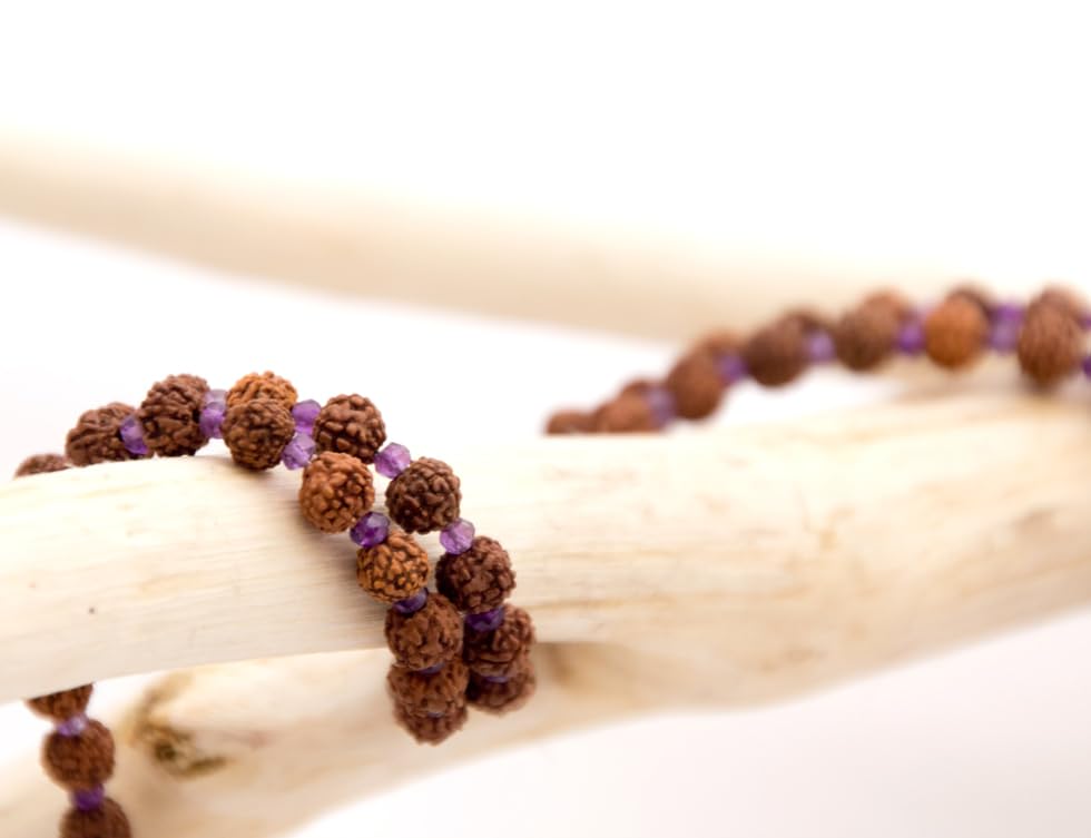 Maha Mala Amethyst & Rudraksha 108 Beads Healing Mala – 6mm Rudraksha, 3.5mm Amethyst with Raw Crystal | Handmade in India