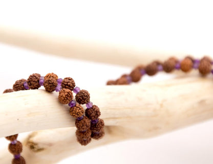 Maha Mala Amethyst & Rudraksha 108 Beads Healing Mala – 6mm Rudraksha, 3.5mm Amethyst with Raw Crystal | Handmade in India