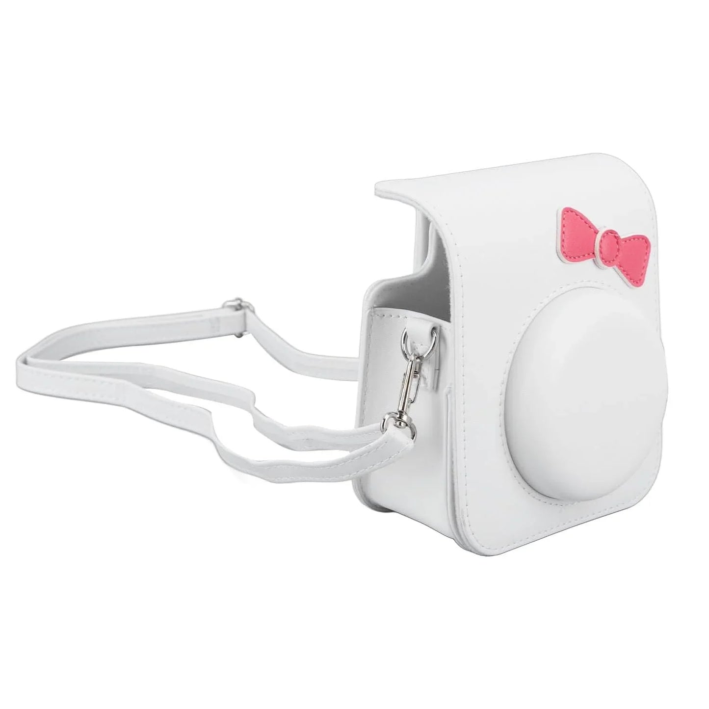Chic Charm – White Bowknot PU Leather Camera Case for Instax Mini 12 with Strap -White - Jaiman Toys