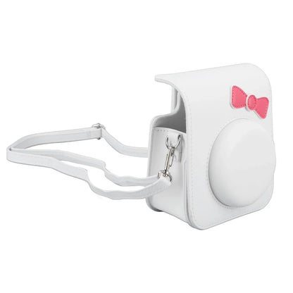 Chic Charm – White Bowknot PU Leather Camera Case for Instax Mini 12 with Strap -White - Jaiman Toys