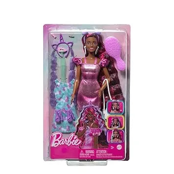 Barbie Fun &amp; Fancy: Brunette Beauty with Extra-Long Colorful Hair and Shimmery Pink Dress