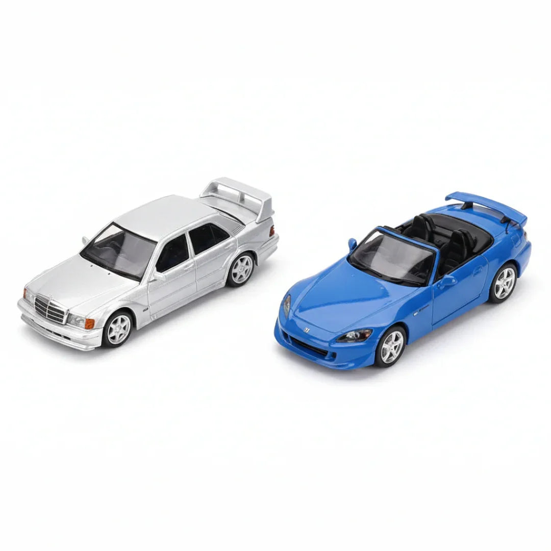 Mini GT 1:64 Racing Duo – Honda S2000 (AP2) Type S Apex Blue & Blister- Mercedes-Benz 190E 2.5-16 Evolution II Astral Silver Diecast Models