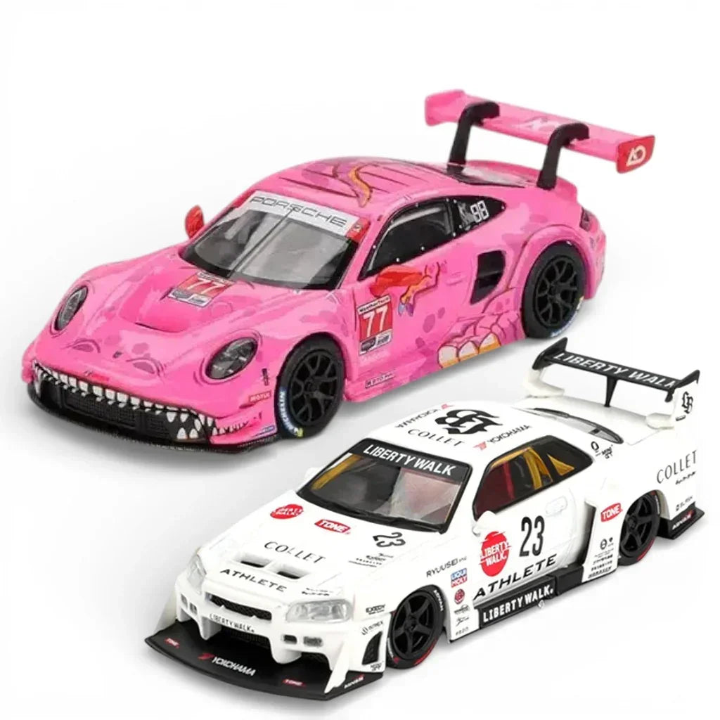 Mini GT 1:64 Diecast Model Car Duo Set | Roxy Porsche 911 GT3 R #77 AO Racing IMSA & Nissan LB-ER34 Super Silhouette ATHLETE COLLET (RHD)