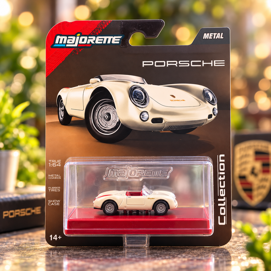 Majorette 1:64 Porsche 550 Spyder Cream Die-Cast Model Car with Display Case – Wave 5 Collection