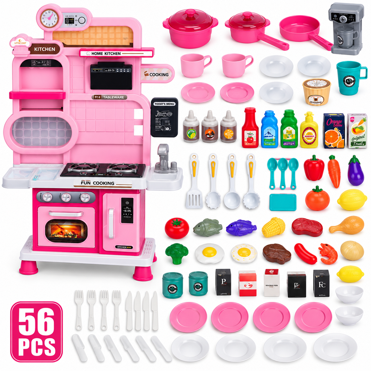 Mini Chef 56 PCS Kids Pretend Play Kitchen Set with Lights, Sounds, Cooking Stove, Sink & Accessories – Pink