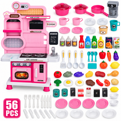 Mini Chef 56 PCS Kids Pretend Play Kitchen Set with Lights, Sounds, Cooking Stove, Sink & Accessories – Pink