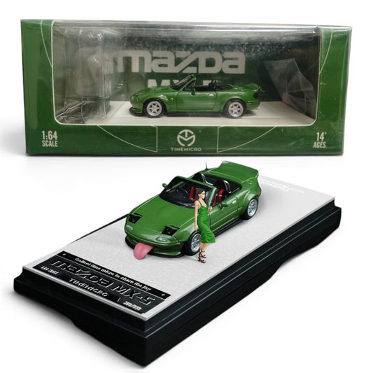 Time Micro Mazda MX-5 Green Figure Edition 1:64 Scale Diecast Model Car | Premium Metal Collector Roadster | Display Base, Acrylic Case & Figure Included | Limited Edition | 14+