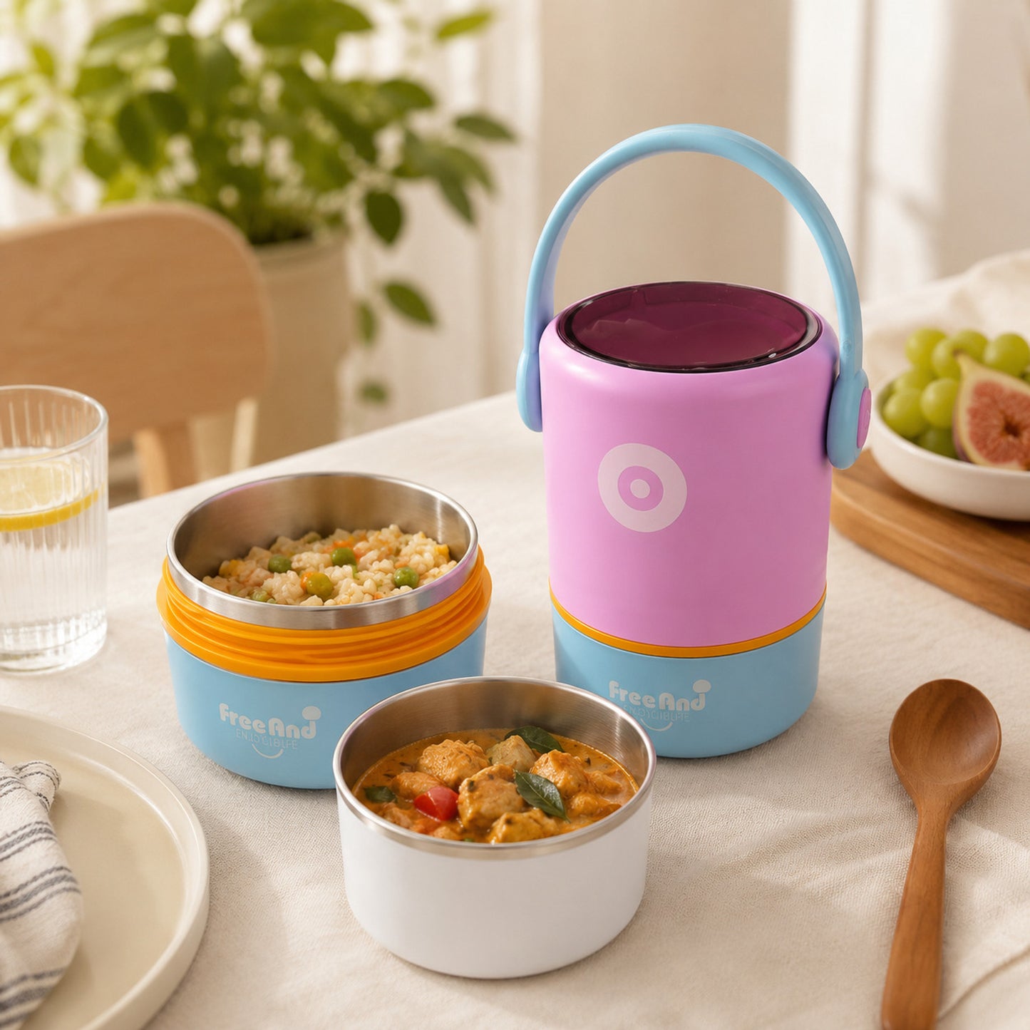 Double Layer Stainless Steel Lunch Pot 580ml with Foldable Spoon | 2 x 290ml Insulated Food Container for School, Office & Travel