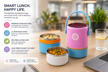 Double Layer Stainless Steel Lunch Pot 580ml with Foldable Spoon | 2 x 290ml Insulated Food Container for School, Office & Travel