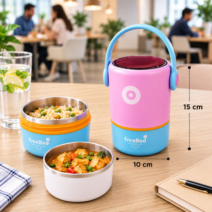 Double Layer Stainless Steel Lunch Pot 580ml with Foldable Spoon | 2 x 290ml Insulated Food Container for School, Office & Travel