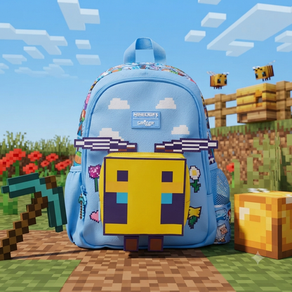 Smiggle x Minecraft Junior Character Backpack (Blue) | 14-Inch Kids School Bag with 3D Pixelated Bee Pocket & Minecraft Graphics