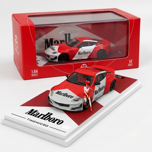Time Micro Nissan 400Z Marlboro Figure Edition 1:64 Scale Diecast Model Car | Premium Metal Collector Car | Racing Livery | Display Base, Acrylic Case & Figure Included | 14+