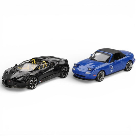 Mini GT 1:64 Racing Duo – Bugatti W16 Mistral Black &  Mazda Miata MX-5 (NA) Tuned Version Dark Blue Diecast Models