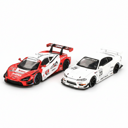 Mini GT 1:64 LB★Works Racing Duo – McLaren 720S GT3 Motul #9 & Nissan Silvia S15 Liberty Walk #23 Diecast Models