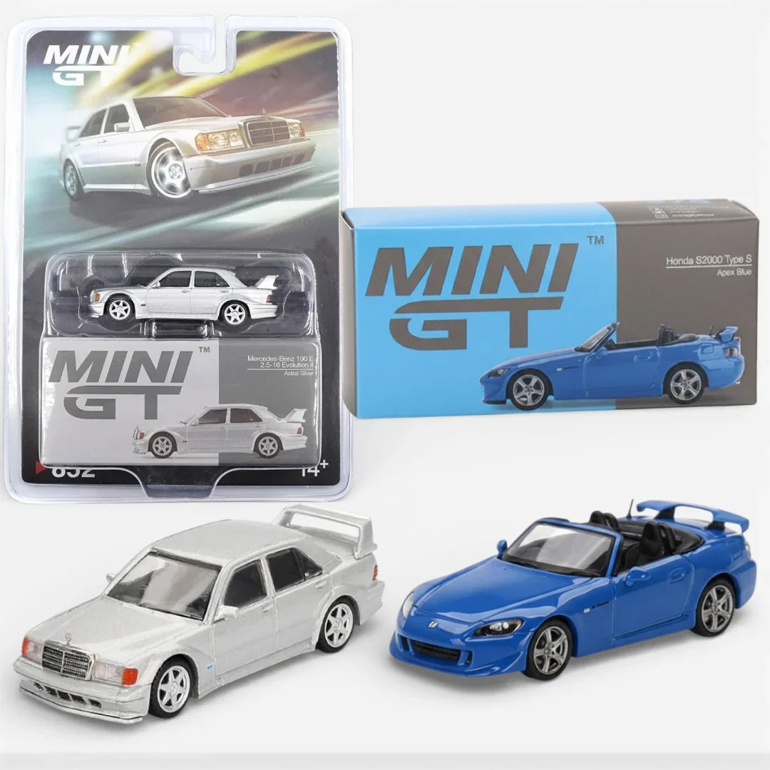 Mini GT 1:64 Racing Duo – Honda S2000 (AP2) Type S Apex Blue & Blister- Mercedes-Benz 190E 2.5-16 Evolution II Astral Silver Diecast Models
