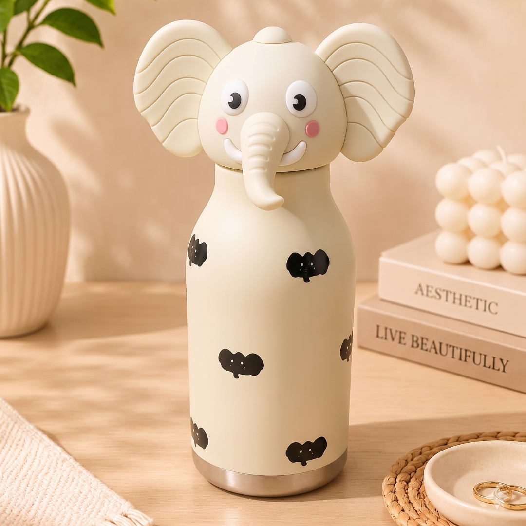 AFRESH 365 Animal Head Collection Elephant Stainless Steel Vacuum Insulated Water Bottle 450ml (16oz) with Straw & Cleaning Brush With 4 Colour Variants