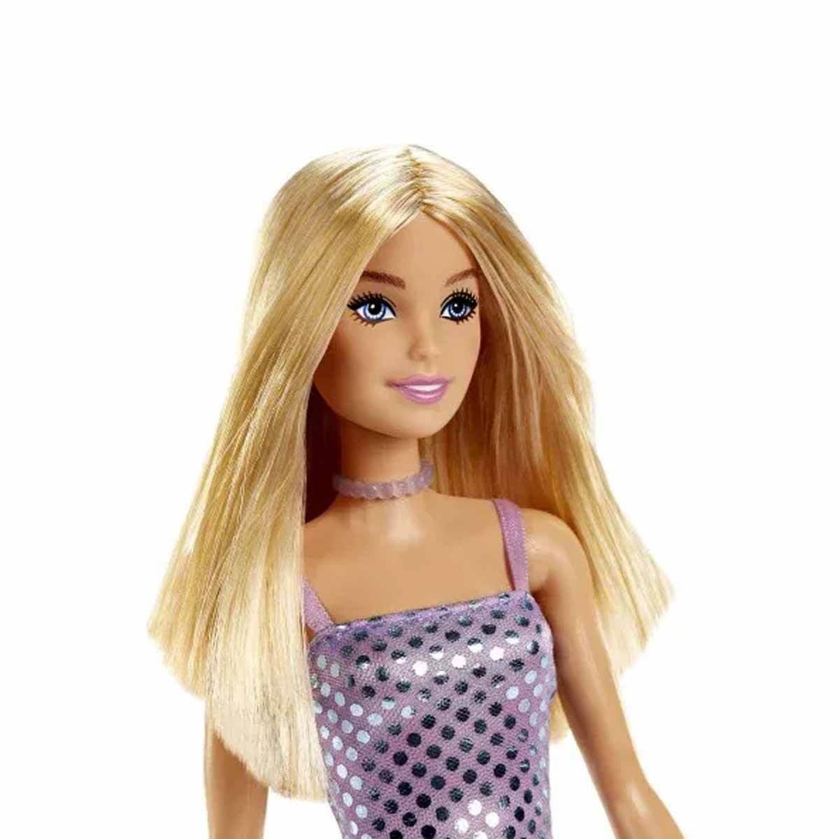 Barbie Doll with Blonde Hair: Lavender Metallic Mini Dress &amp; Trendy Accessories - Perfect Kids' Toy Gift!"