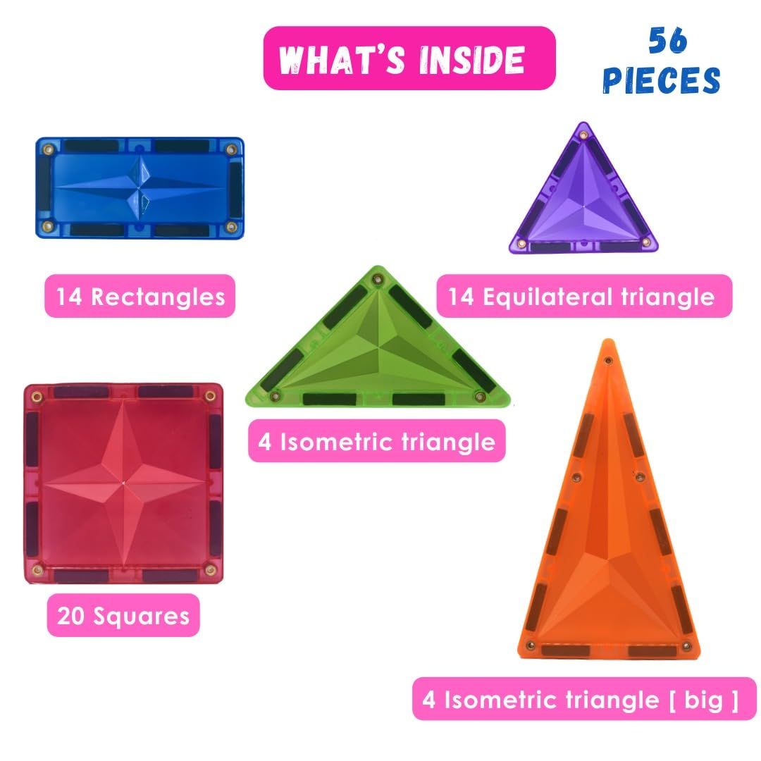 Zephyr Learning Steps Magnetix-4 Magnetic Tiles Building Set – 56 Pieces, Ages 3+