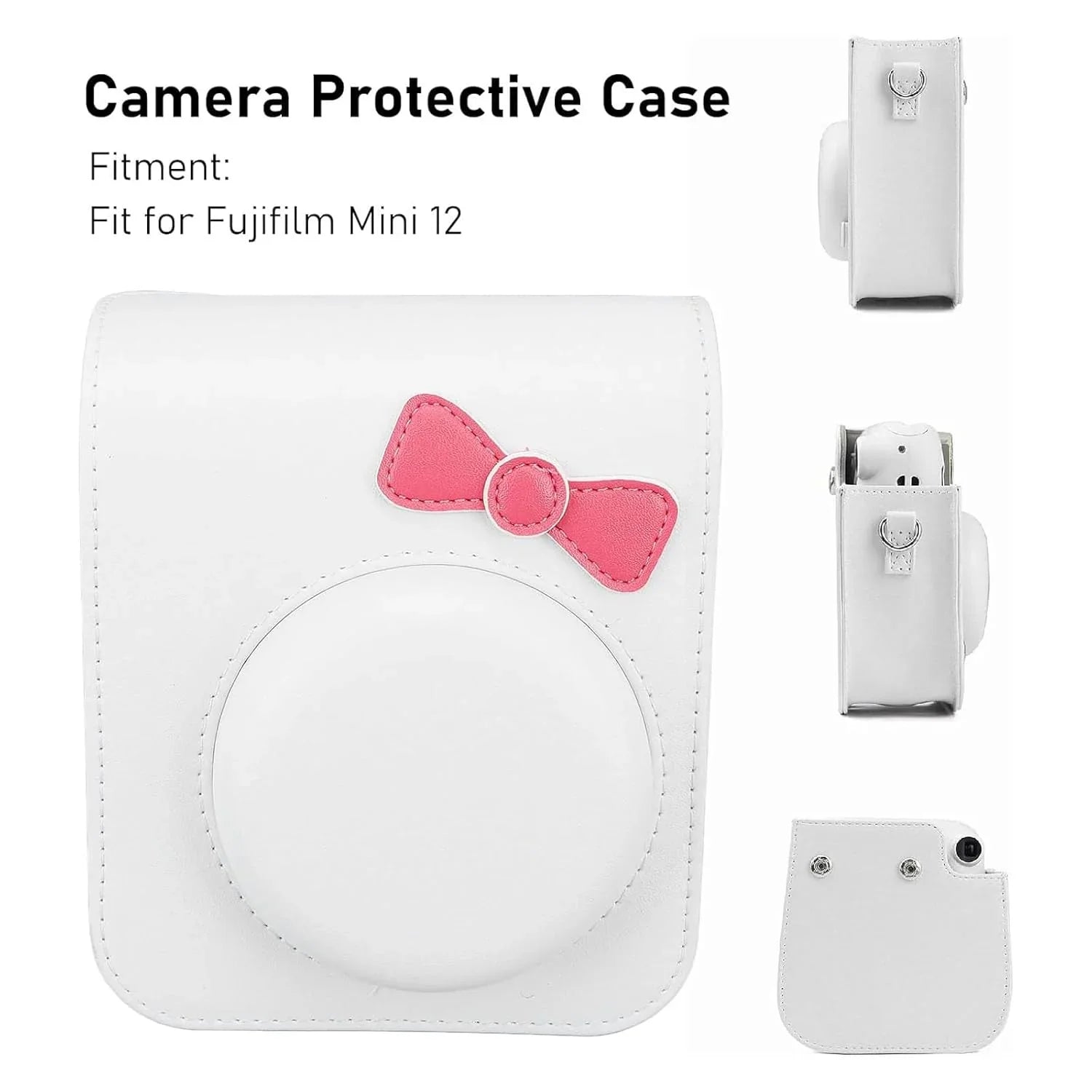 Chic Charm – White Bowknot PU Leather Camera Case for Instax Mini 12 with Strap -White - Jaiman Toys