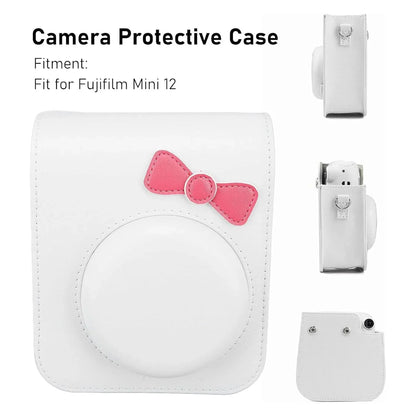 Chic Charm – White Bowknot PU Leather Camera Case for Instax Mini 12 with Strap -White - Jaiman Toys