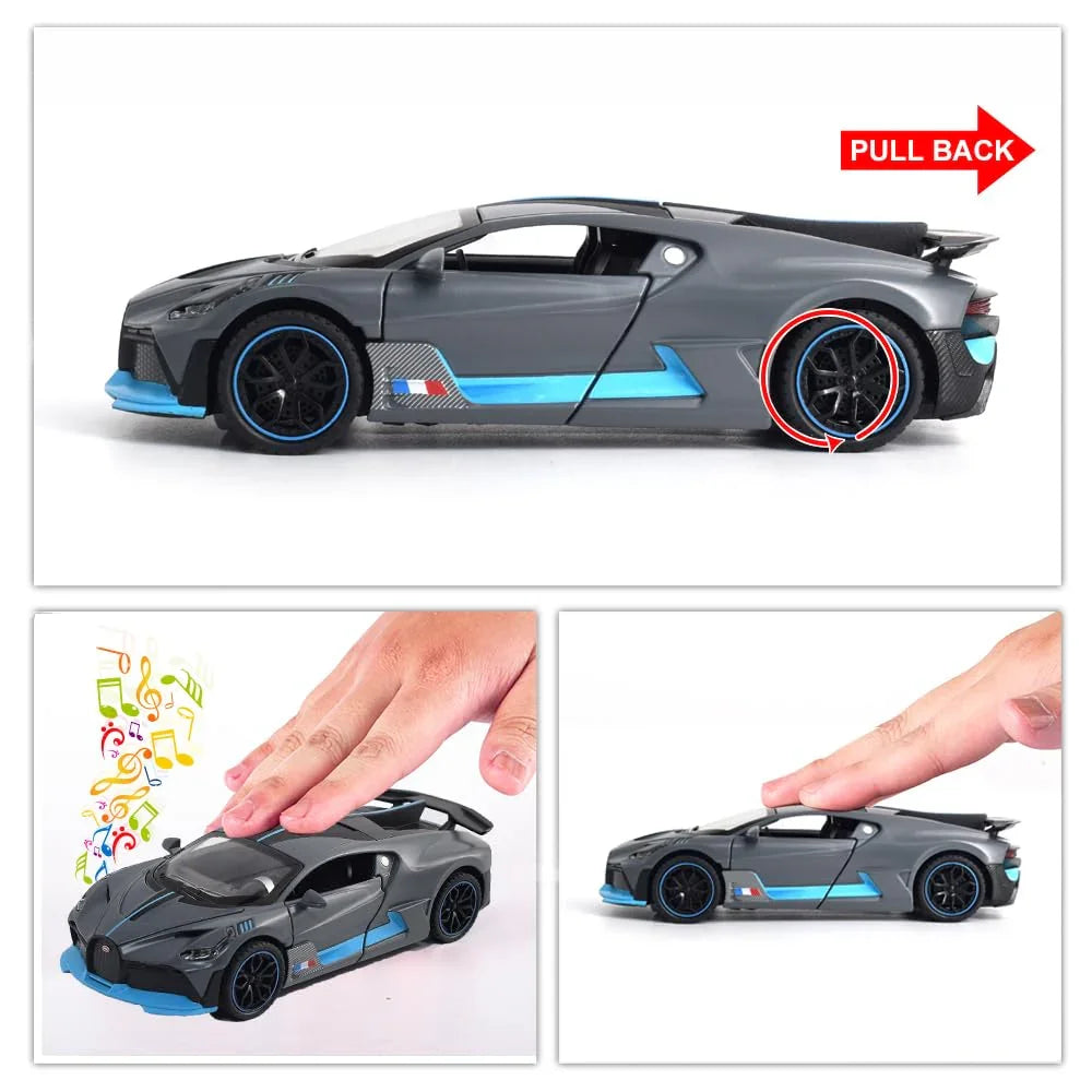 JOY JUNCTION 1:32 Bugatti Divo Die-Cast Metal Toy Car – Pull Back Model Car with Light & Sound for Kids (Grey) - Jaiman Toys