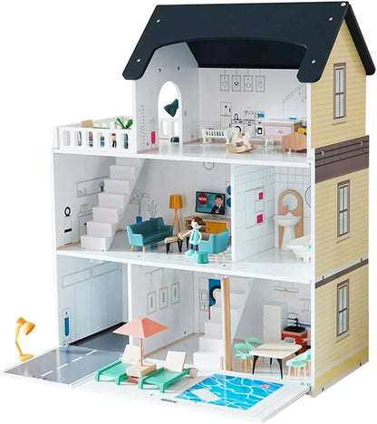 Breatoi - Wooden Doll House, Large 3-Story DIY Castle Doll House with Furnitures, Mini House Building Kit Montessori Toys for Ages 3+ - Jaiman Toys