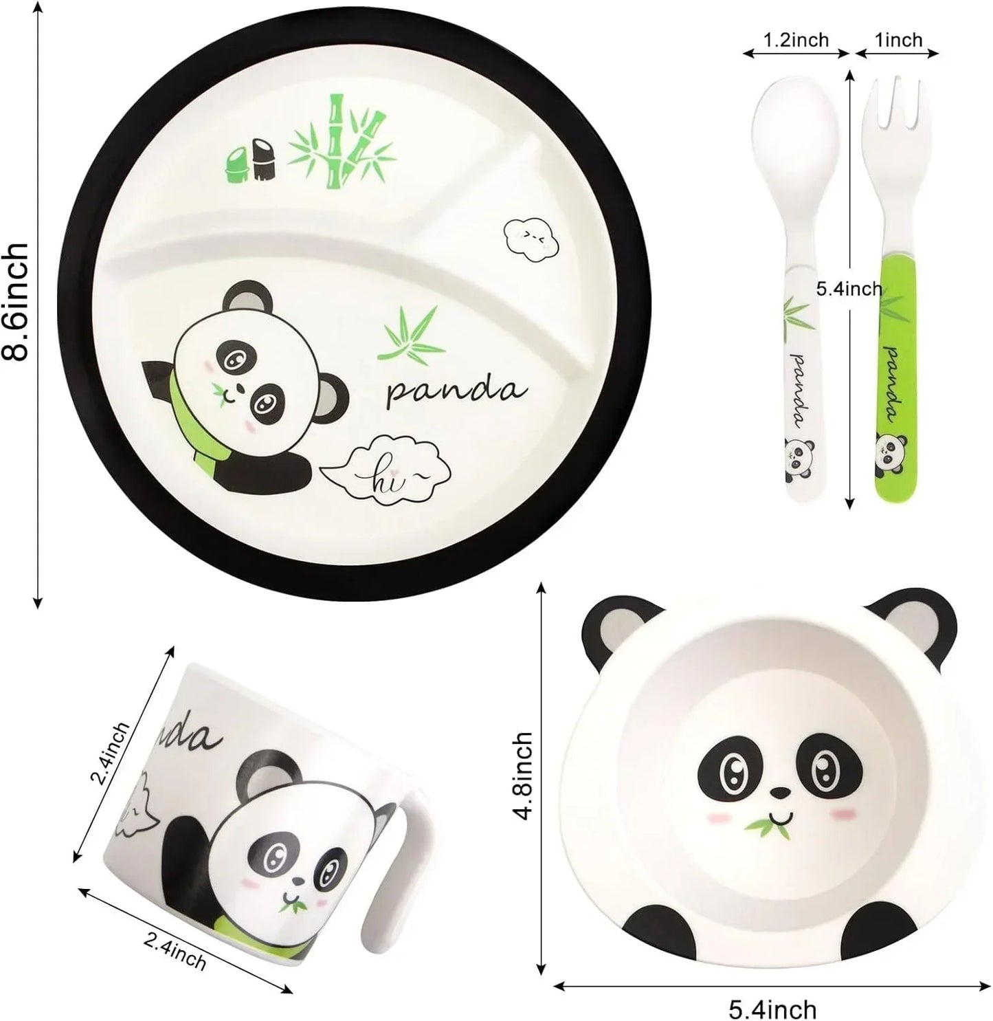 Bamboo Fibre Kids 5-Piece Panda Dinner Set with Plate, Bowl, Cup, Spoon & Fork | Cute Cartoon Feeding Tableware Set for Boys & Girls | Lightweight Reusable Kids Meal Set for Breakfast, Lunch & Dinner