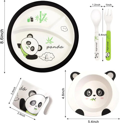 Bamboo Fibre Kids 5-Piece Panda Dinner Set with Plate, Bowl, Cup, Spoon & Fork | Cute Cartoon Feeding Tableware Set for Boys & Girls | Lightweight Reusable Kids Meal Set for Breakfast, Lunch & Dinner