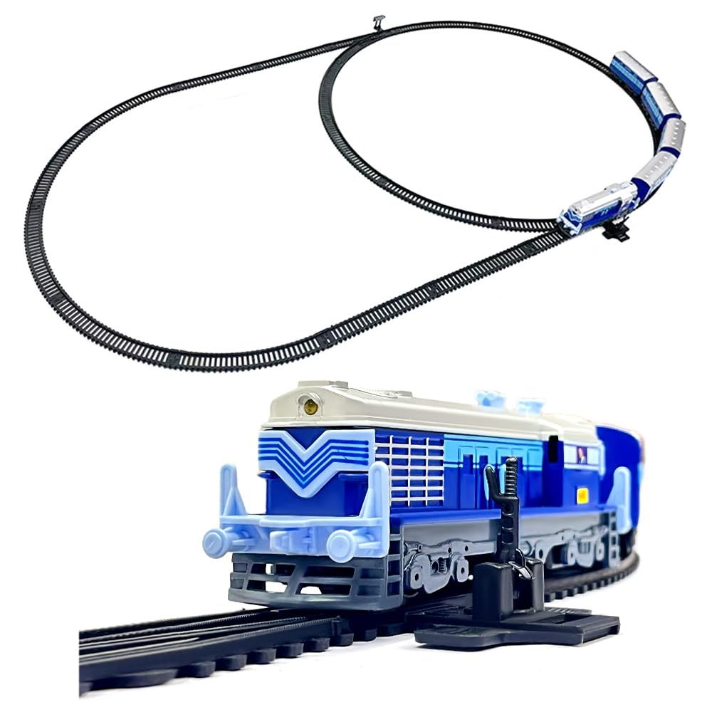 Centy 24-Piece Blue Battery-Operated Passenger Toy Train Set with LED Headlight, 5-Piece Train, Tracks & Manual Track Changer for Kids 3+