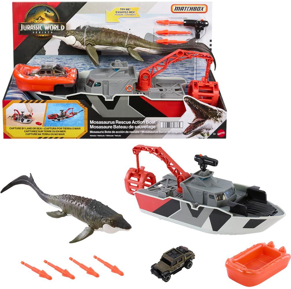 Matchbox JGG61 Jurassic World Jurassic World Playset with 12.5" Boat with 13" Mosasaurus 1:64 Scale Die-Cast Jeeps, Harpoon Missiles and Removable Rescue Boat