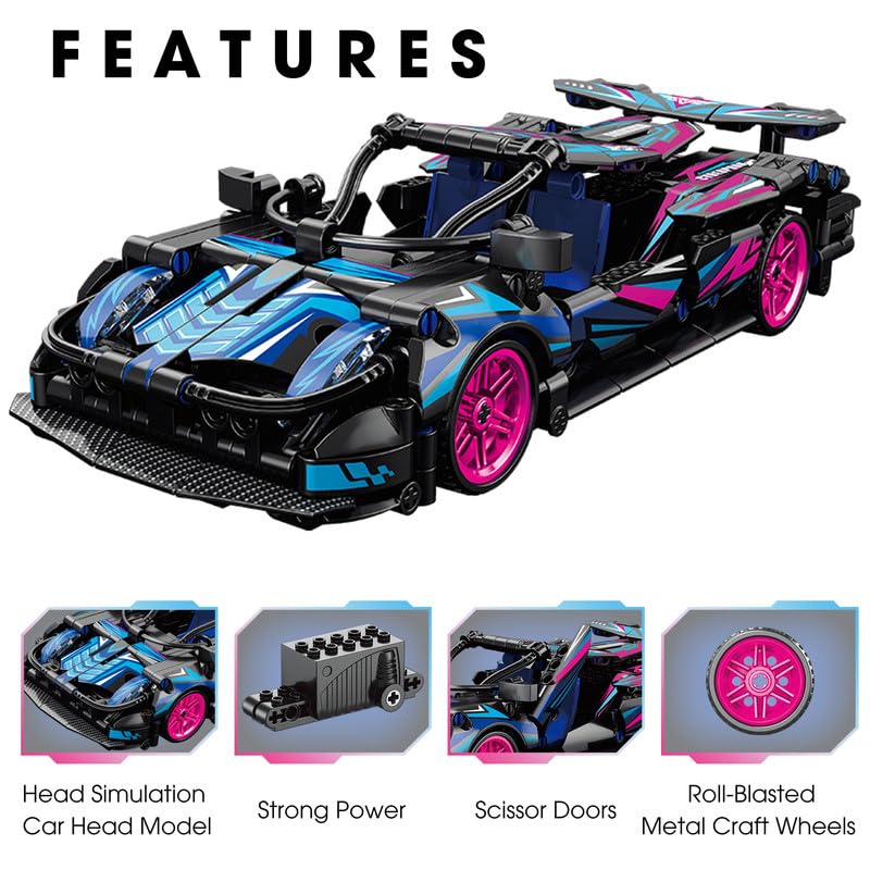 ThinkerPlace 1:18 DIY Blocks Pull-Back Car – Pink & Black | Buildable STEM Construction Racing Toy for KidsV 8+