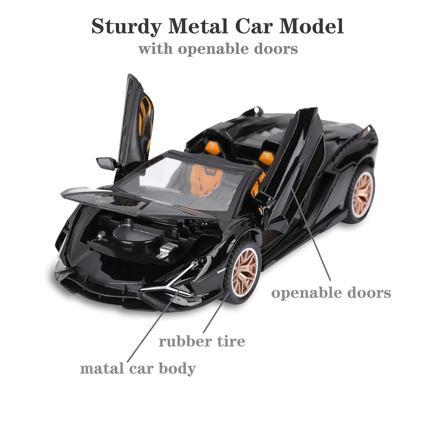 Lamborghini SIAN 1:32 Scale Die-Cast Metal Pull Back Toy Car – Black Model with Openable Doors, Sound & Light - Jaiman Toys