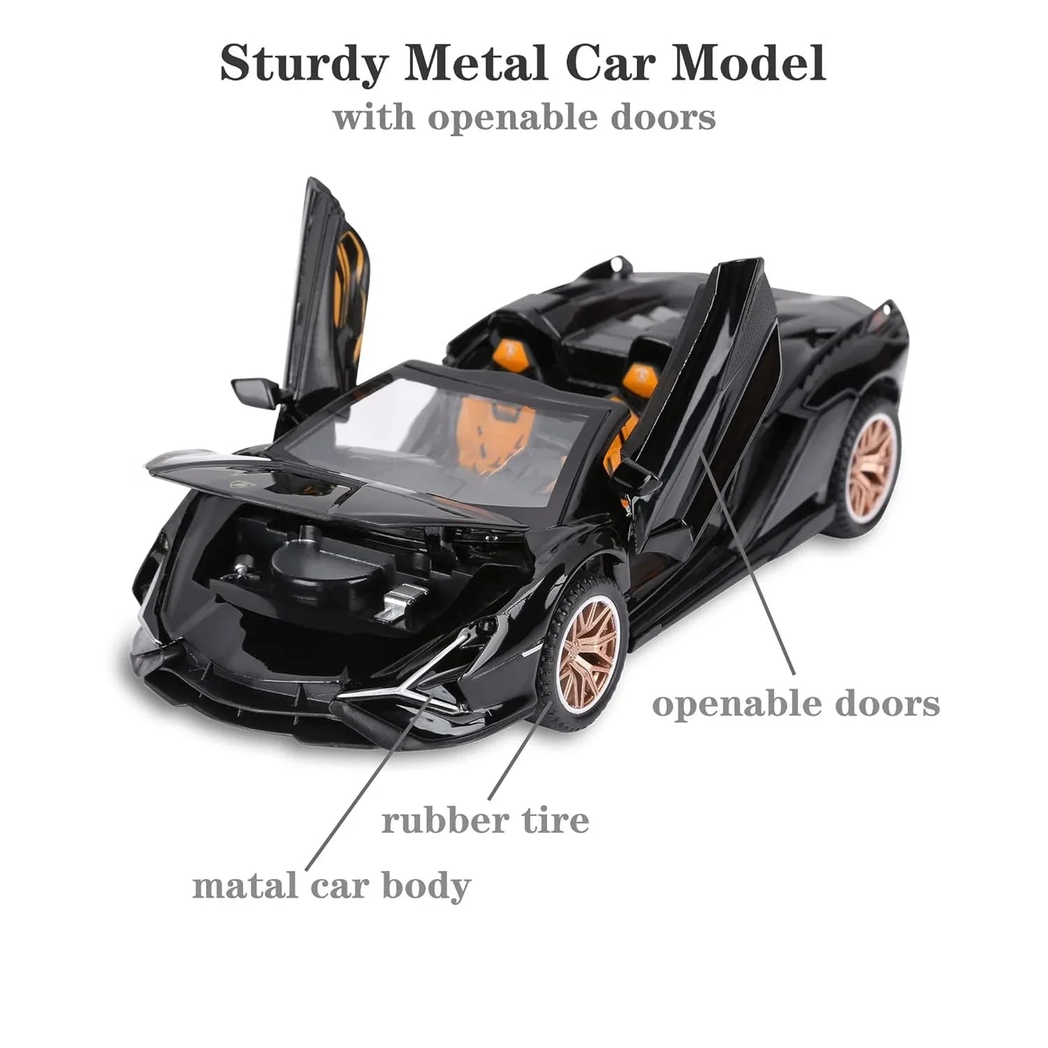 Lamborghini SIAN 1:32 Scale Die-Cast Metal Pull Back Toy Car – Black Model with Openable Doors, Sound & Light - Jaiman Toys