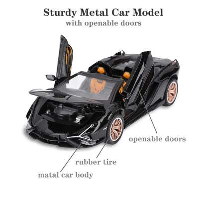 Lamborghini SIAN 1:32 Scale Die-Cast Metal Pull Back Toy Car – Black Model with Openable Doors, Sound & Light - Jaiman Toys
