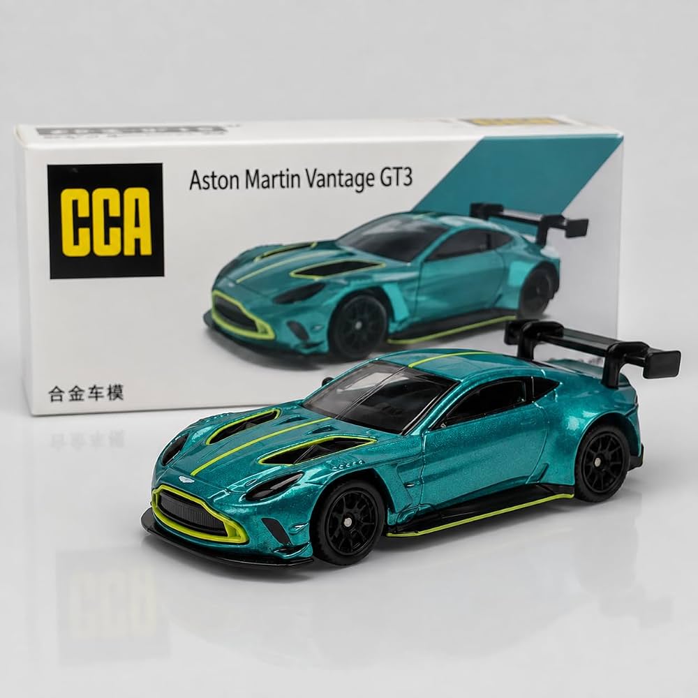 CCA 1:64 Aston Martin Vantage GT3 Die-Cast Model Car | Metallic Teal Green Racing Car with Rear Wing, Black Wheels & Lime Accents | Premium Collectible