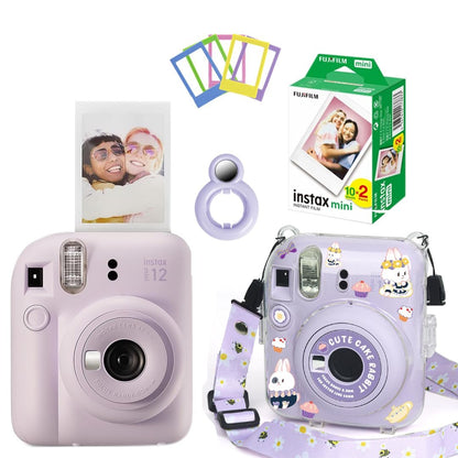 Fujifilm Instax Mini 12 Instant Camera + 20 Shot Films + 1x Crystal Clear Camera Case + 1x Close up Selfie Lens + 5X Plastic Photo Frame (Lilac Purple, Mini 12)