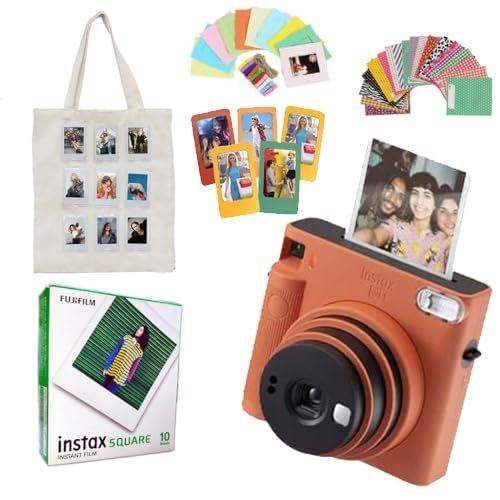 Fujifilm Instax Square SQ1 Instant Camera + 10 Square Film Shots + Canvas Tote Bag + Photo Hanging Set + Fridge Megnet Set + Photo Stickers Set - Terracotta Orange - Jaiman Toys