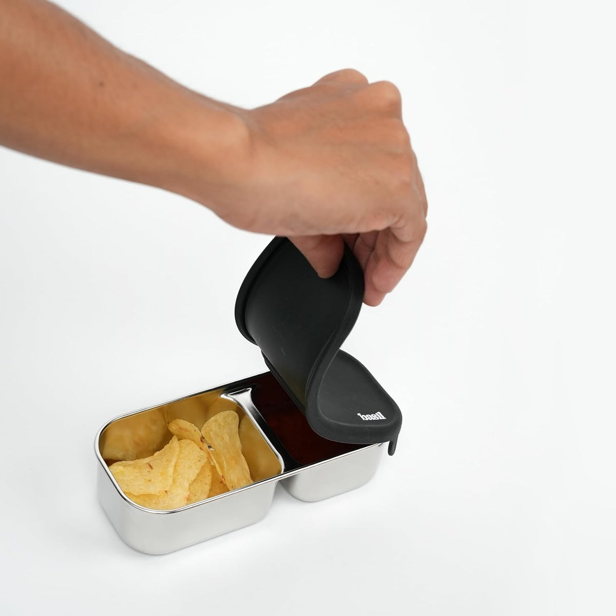 Basil Pickle Dip 180ml Stainless Steel 2-Section Snack & Dip Container with Silicone Lid – 2 Colours Variants